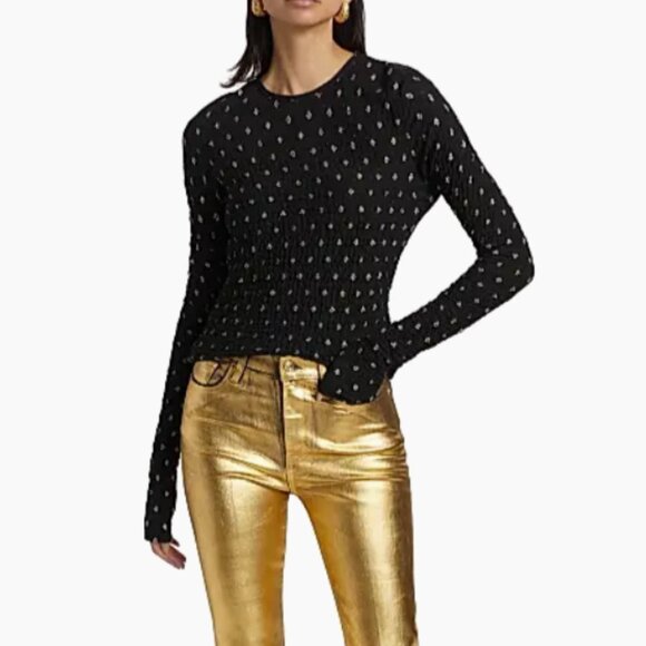 FRAME Black Metallic Dot Knit Stretch Mesh Long Sleeve Top Blouse Size S NWT - Picture 1 of 6